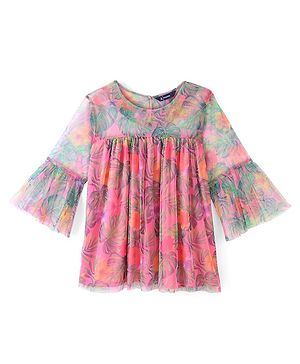 Pine Kids Three Fourth Sleeve Floral Printed Mesh Top- Pink