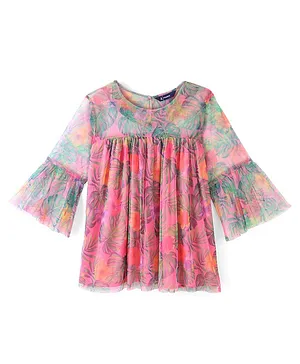 Pine Kids Three Fourth Sleeve Floral Printed Mesh Top- Pink