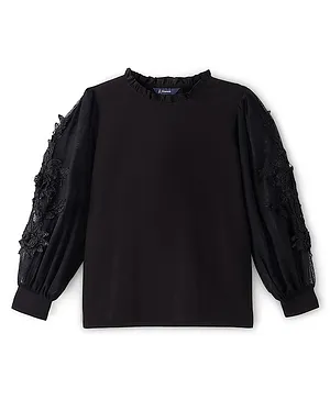 Pine Kids Knitted Full Sleeves Stretchable Solid Top with Floral Embroidered Net Sleeves - Black