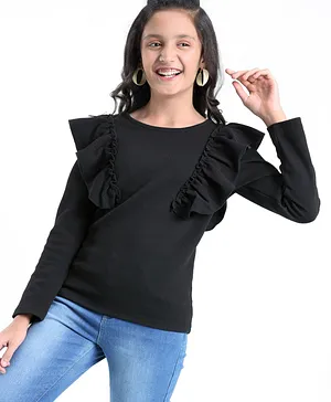 Pine Kids Knitted Full Sleeves Stretchable Solid Top with Ruffle Details - Black