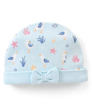 Babyhug 100% Cotton Knit Bird Print Cap with Bow Applique - Blue