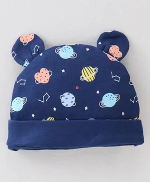 Babyhug 100% Cotton Knit Cap Space Print -Navy Blue