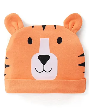 Babyhug 100% Cotton Interlock Knit Cap Tiger Print - Orange
