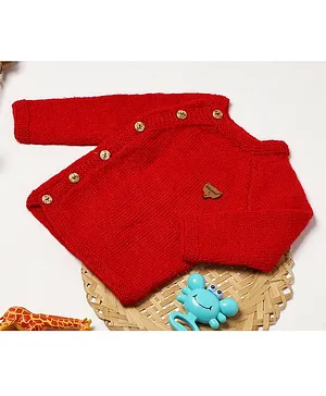 Shilpshakti Full Sleeve Solid   Handmade Side Button Cardigan Sweater - Red