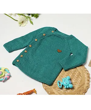 Shilpshakti Full Sleeve Solid  Handmade Side Button Cardigan Sweater - Green