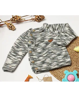 Shilpshakti Full Sleeve Abstract Designed   Handmade Side Button Cardigan Sweater - Multi Colour & Grey