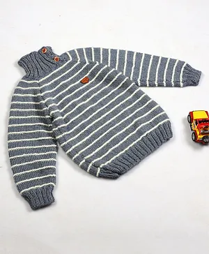 Shilpshakti Full Sleeves Striped  High Neck Handmade Sweater - Grey &  Cream