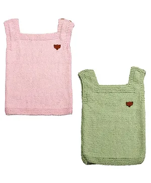Shilpshakti Unisex Pack of 2 Sleeveless Handmade Solid Cotton Vests - Green & Baby Pink