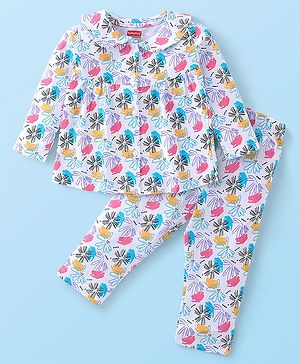 Babyhug Cotton Knit Full Sleeves Night Suit With Floral Print - White