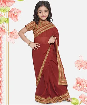 Little Bansi Half Sleeves Bengal Striped Blouse With Coordinating Lace Embellished Saree - Brown