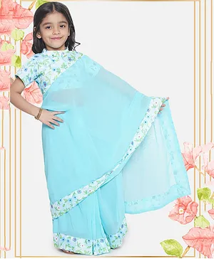 Little Bansi Half Sleeves  Floral Printed Blouse With Saree - Blue