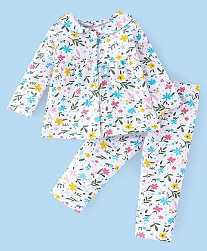 Babyhug Cotton Knit Full Sleeves Floral Printed Night Suit - White