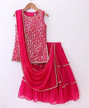 Babyhug Sleeveless Brocade Top & Sequined Georgette Lehenga with Lace Border Dupatta - Hot Pink