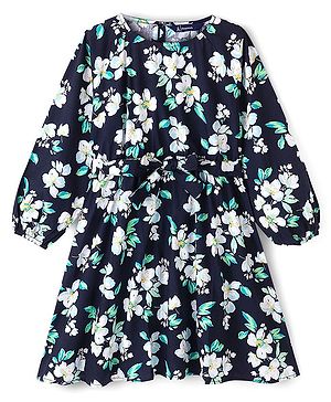 Pine Kids Poplin Woven Full Sleeves Floral Dress with Self Belt- Navy Blue