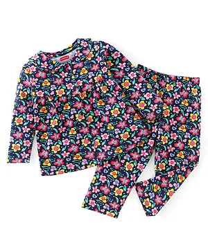 Babyhug Cotton Knit Full Sleeves Floral Print Night Suit - Multicolour