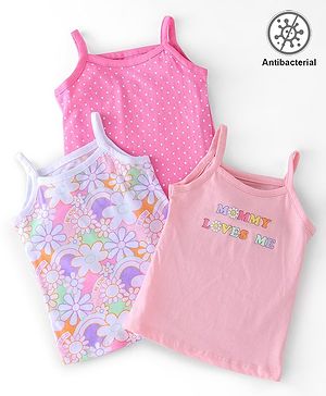 Babyhug 100% Cotton Knit Singlet Antibacterial Slips Floral Print Pack of 3 - Pink & Blue