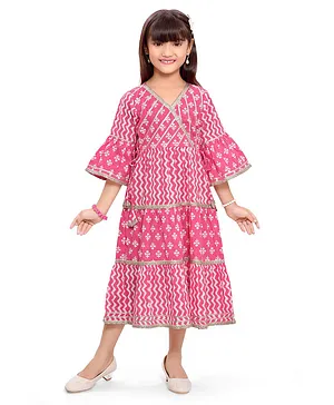 Teentaare Cotton Three Fourth Sleeves Ethnic Dress with Lace Detailing - Pink