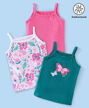 Babyhug 100% Cotton Knit Singlet Antibacterial Slips Floral Print Pack of 3 - Pink White & Teal