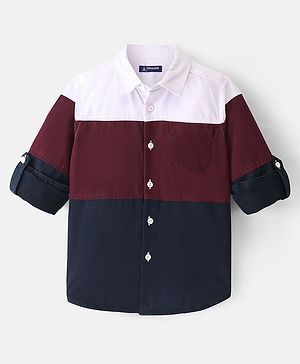 Pine Kids Roll Up Full Sleeves Cut & Sew Pattern Solid Color Shirt - Red & Blue