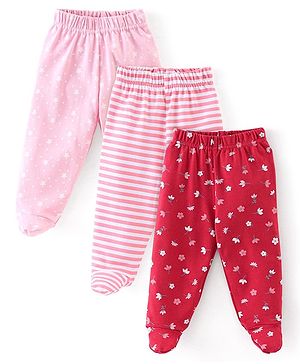 Babyhug Cotton Interlock Knit Full Length Stripe Bootie Pants Pack of 3 - Pink & Red