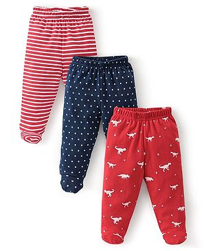 Babyhug Cotton Knit Footed Bootie Leggings Dino Printed Pack of 3 - Red & Navy Blue