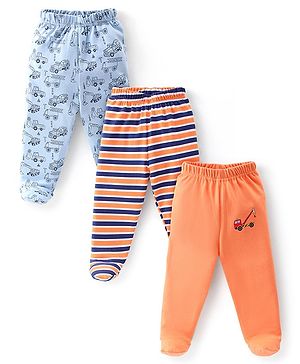 Babyhug Cotton Footed Bootie Leggings Striped & Construction Vehicles Printed Pack of 3 - Blue & Orange