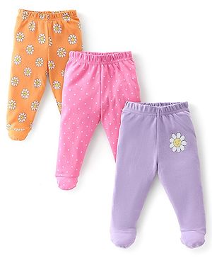 Babyhug Interlock Booties Pant With Floral Print Pack Of 3 - Orange Pink & Purple