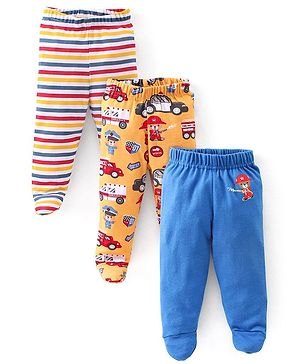 Babyhug Interlock Booties Pant Striped & Car Print Pack of 3 - Yellow & Blue