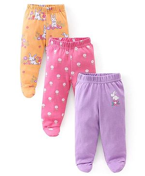 Babyhug Interlock Booties Pant Striped & Bunny Print Pack of 3 - Pink & Yellow
