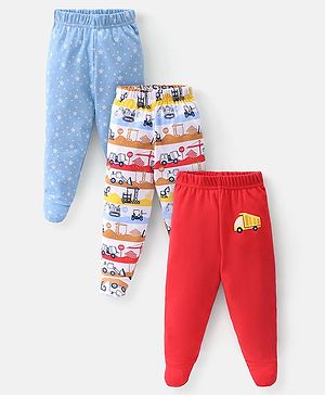 Babyhug Cotton Footed Bootie Leggings Construction Vehicles Printed Pack of 3 - Blue & Red