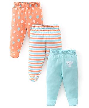 Babyhug Interlock Booties Pant Striped & Elephant Print Pack of 3 - Orange & Blue