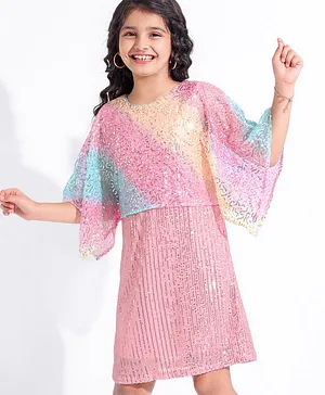 Hola Bonita Half Sleeves Rainbow Sequins Cape Style Party Dress - Pink