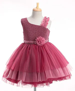 Bluebell Woven Sleeveless Party Dress with Floral Corsage & Mesh Detailing - Maroon