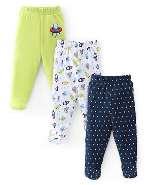 Babyhug Cotton Knit Space Ships & Stars Printed Bootie Pants Pack of 3- Multicolour