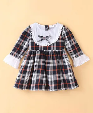 Kookie Kids Full Sleeves Yarn Dyed Checks Winter Frocks with Peter Pan Collar & Bow Detailing - Multicolour