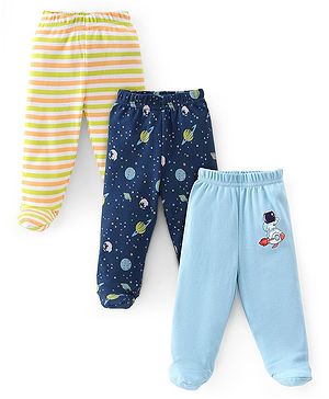 Babyhug Cotton Knit Interlock Booties Pant Striped & Astronaut Print Pack of 3 - Yellow & Blue