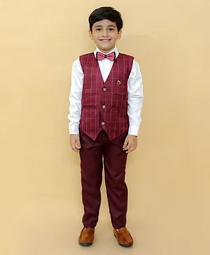 Alles Marche  Full Sleeves  Graph Checked 4 Piece Party Suit Set - Maroon