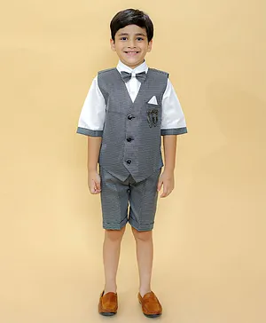 Alles Marche Half Sleeves Pin Checked Waistcoat With Coordinating Shorts 4 Piece Party Suit - White