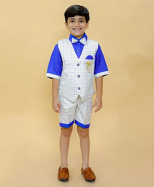 Alles Marche HJalf Sleeves Tattersall Pin Checked Waistcoat With Coordinating Shorts 4 Piece Party Suit Set - Blue