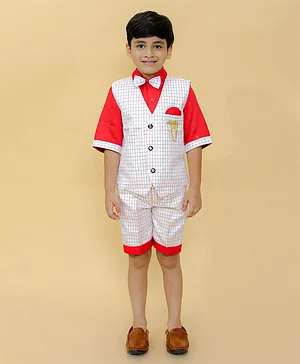 Alles Marche Half Sleeves Tattersall Pin Checked Waistcoat With Coordinating Shorts  4 Piece Party Suit Set - Red