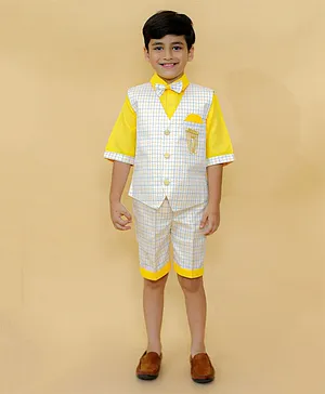 Alles Marche Half Sleeves Tattersall Pin Checked Waistcoat With Coordinating Shorts  4 Piece Party Suit Set - Yellow