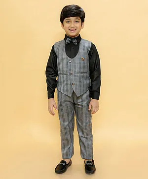 Alles Marche  Full Sleeves Plaid Checked Waistcoat With Coordinating Pants 4 Piece Suit     - Grey & Black