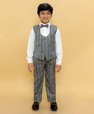 Alles Marche Full Sleeves Plaid Checked Waistcoat With Coordinating Pants 4 Piece Suit - Grey & White