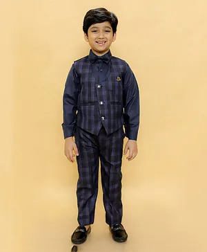 Alles Marche Full Sleeves Plaid Checked Waistcoat With Coordinating Pants 4 Piece Suit - Navy Blue
