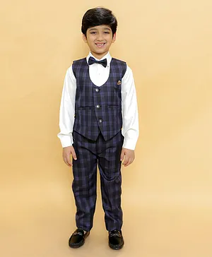 Alles Marche Full Sleeves Plaid Checked Waistcoat With Coordinating Pants 4 Piece Suit - Navy Blue & White