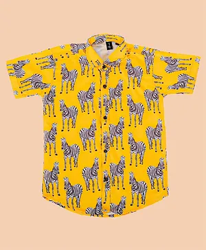 Alles Marche Half Sleeves Zebra Printed Party Shirt -Yellow
