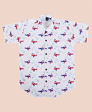 Alles Marche Half Sleeves Aeroplane Printed Party Shirt -White