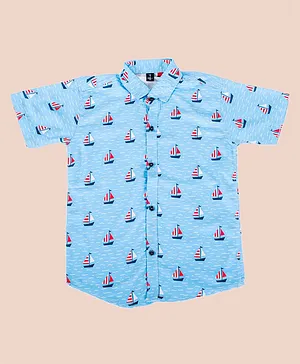 Alles Marche Half Sleeves Ships Printed Party Shirt -Sky Blue