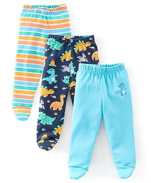 Babyhug Cotton Interlock Knit Full Length Bootie Pants Dino Print Pack of 3 - Blue