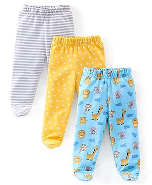 Babyhug Cotton Knit Striped & Jungle Printed Bootie Pants Pack of 3 - Multicolour